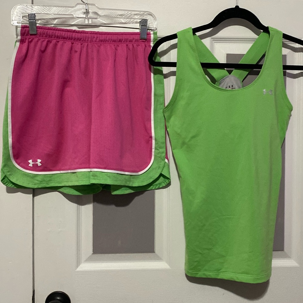 UNDER ARMOUR “HeatGear” athletic shorts with matching tank top.